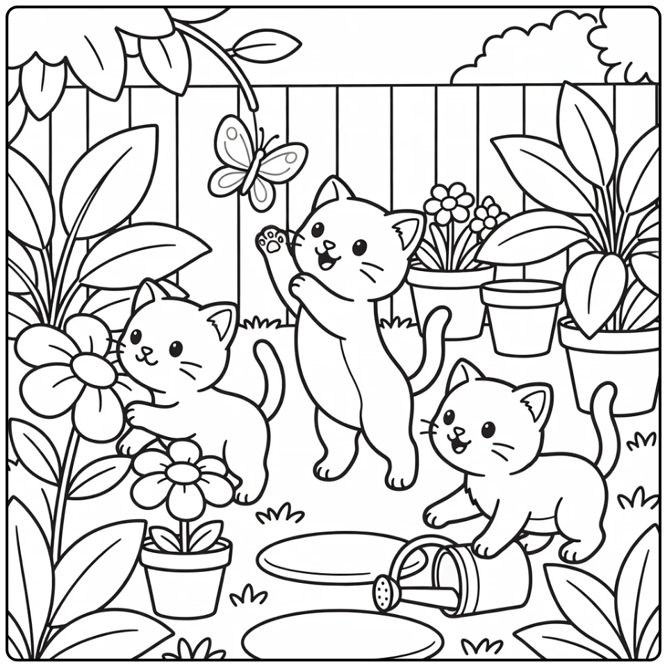 Kittens coloring pages: playful trio in sunny garden
