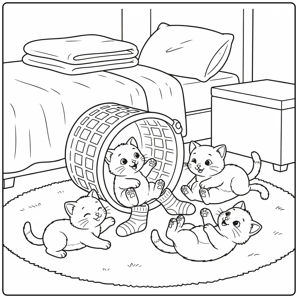 Kittens coloring pages: playful tumble around laundry basket