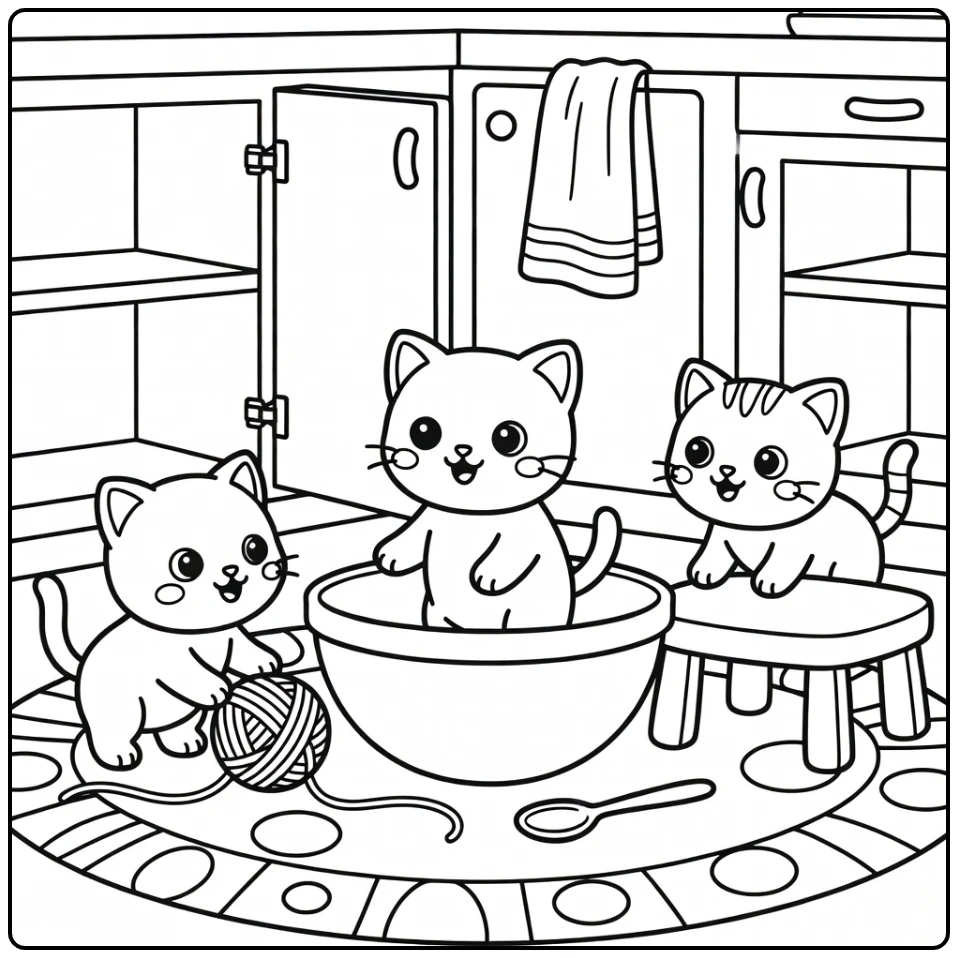 Kittens coloring pages: playful kitchen chaos with bowl, yarn