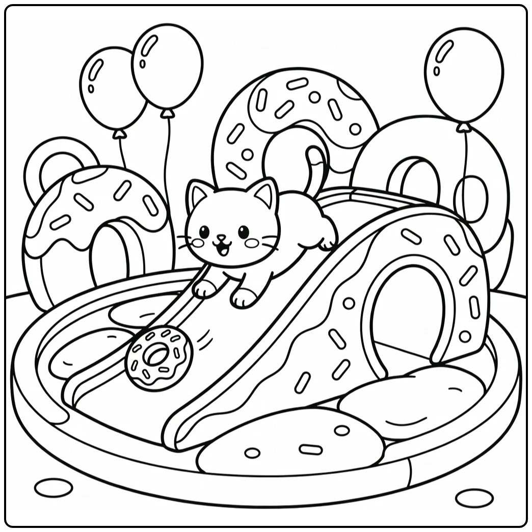 Kitty donut coloring pages: kitten slides down giant donut ramp