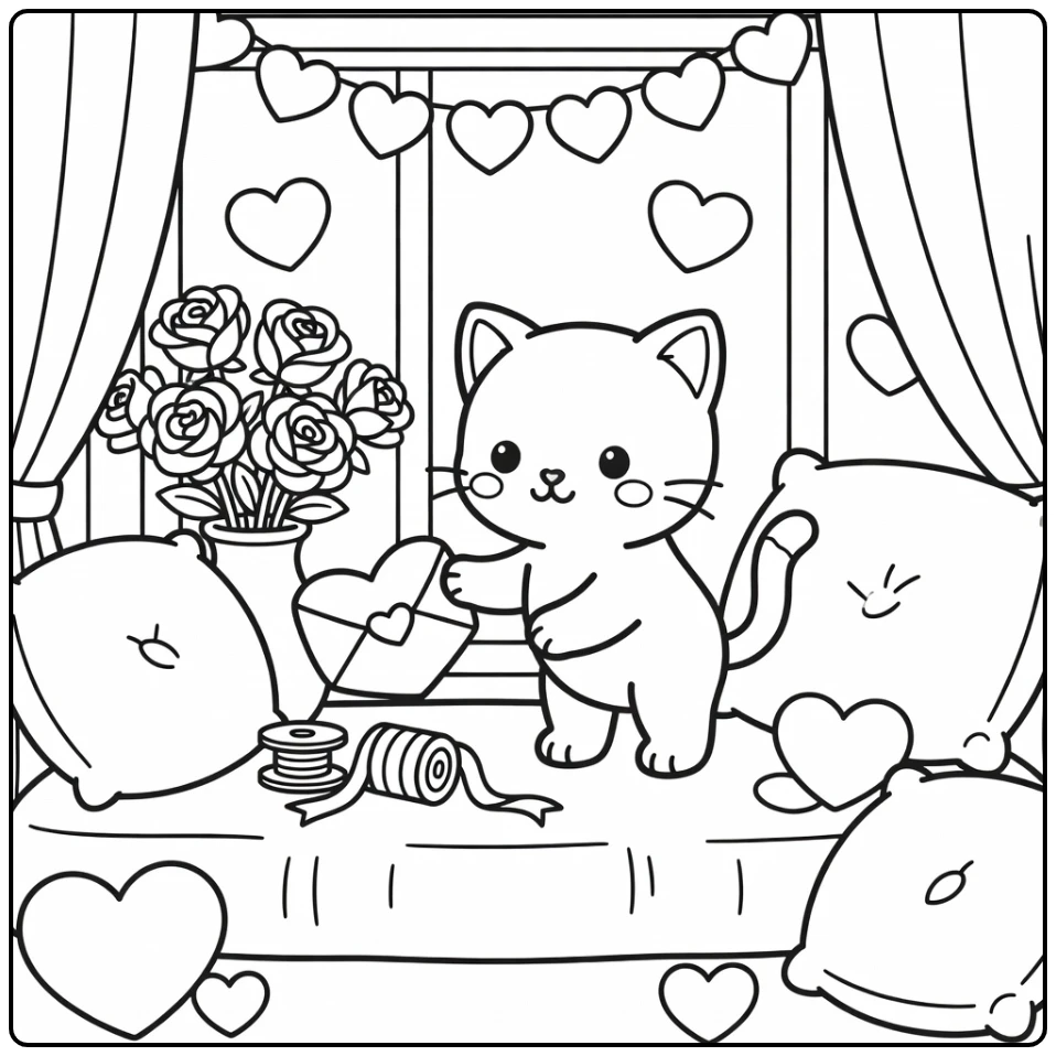 Curious kitten taps heart envelope: kitty valentine coloring pages