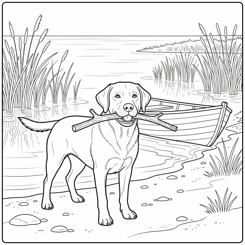 Labrador with a stick realistic dog coloring page by a lake.
