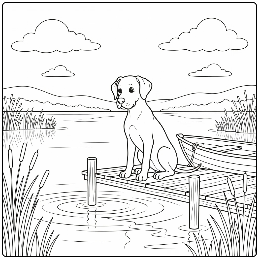 A serene great dane coloring page on a dock by a quiet lake.