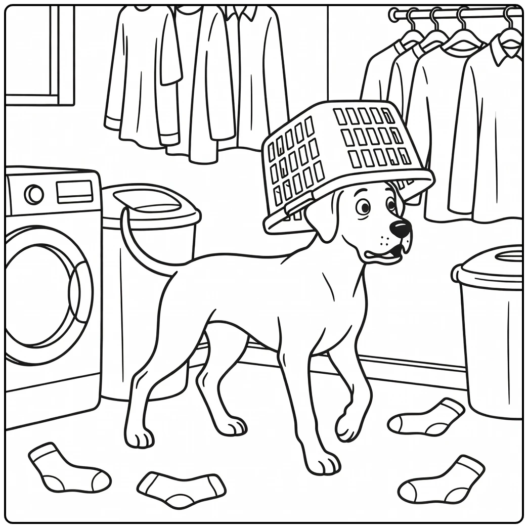 Silly dog with a laundry basket on its head; great dane coloring page.