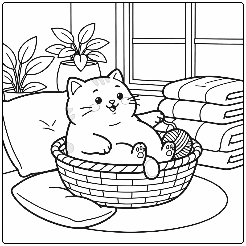 Fat cat in tiny basket batting yarn ball, fat cat coloring pages