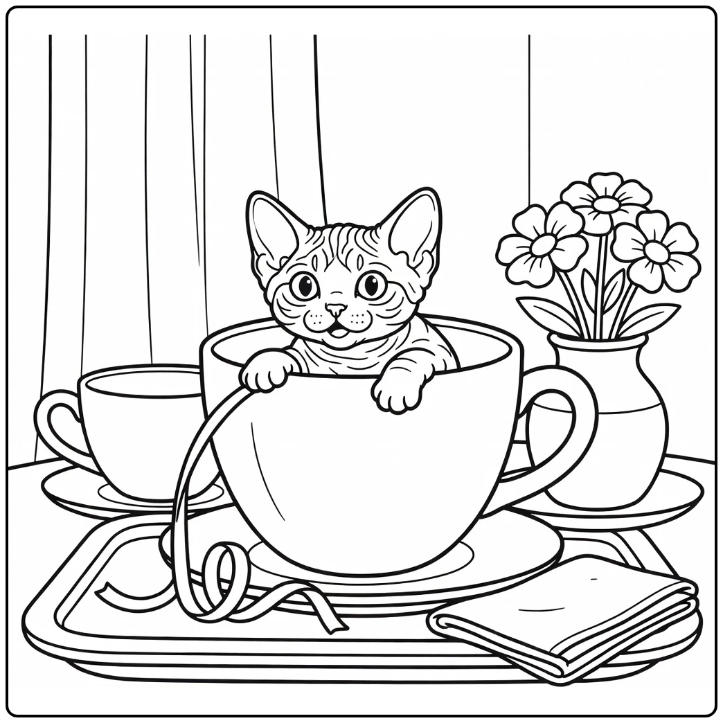 Little cat coloring pages: Devon Rex kitten peeks from teacup