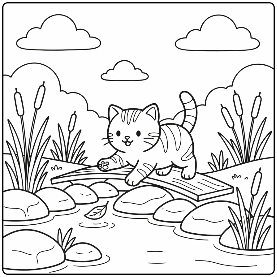 Playful Japanese Bobtail kitten chases leaf by creek - little cat coloring pages