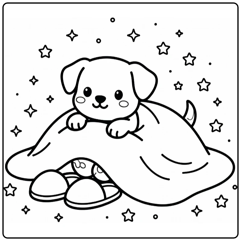 Little Puppy Coloring Page: Pup peeking from blanket with slippers