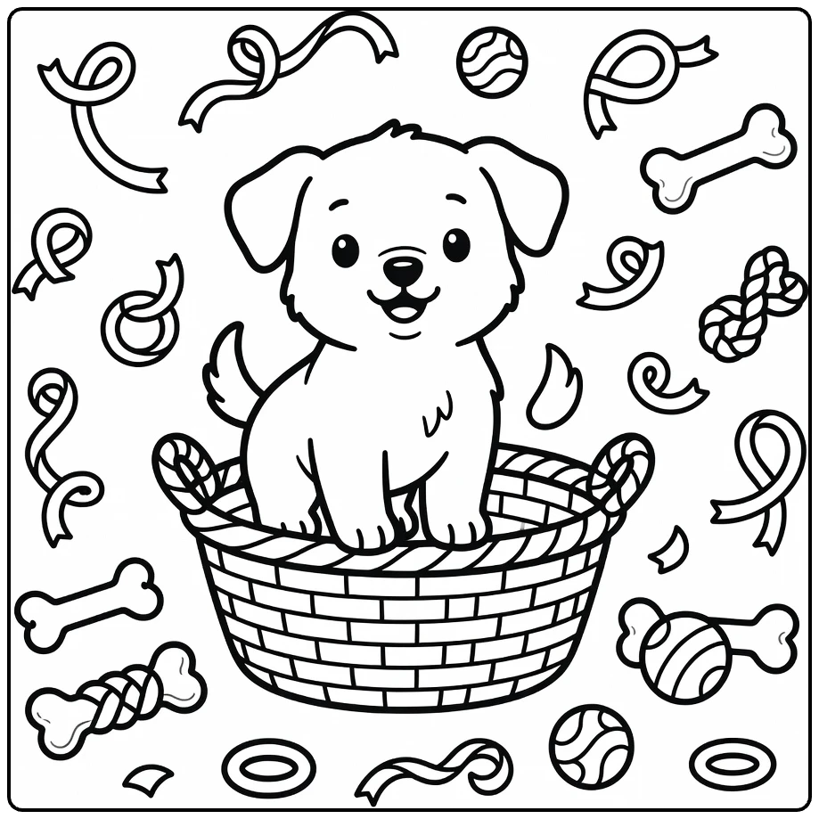 Little Puppy Coloring Page: tiny pup in basket with toys
