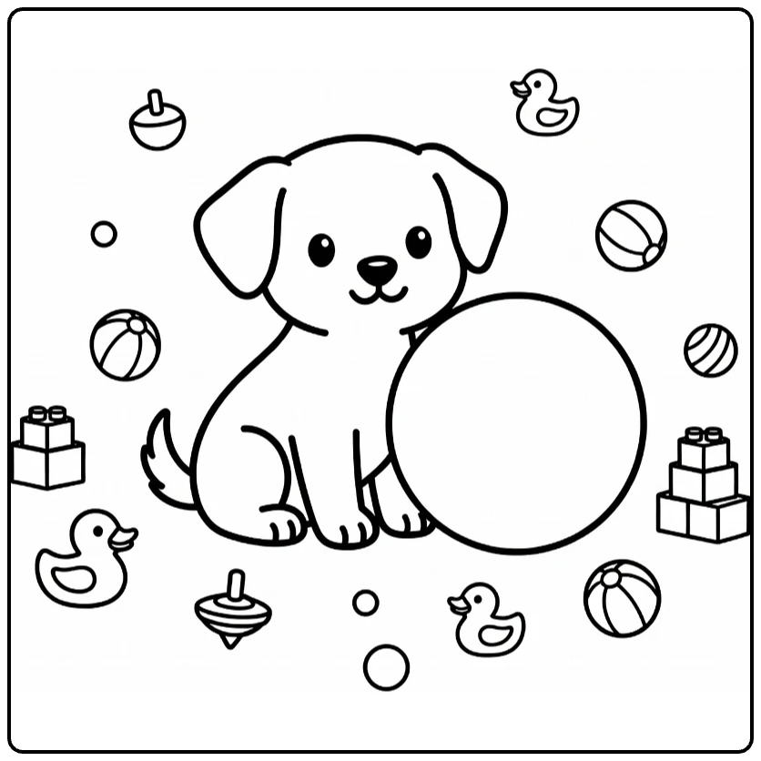 Little Puppy Coloring Page: Tiny pup with big ball & toys