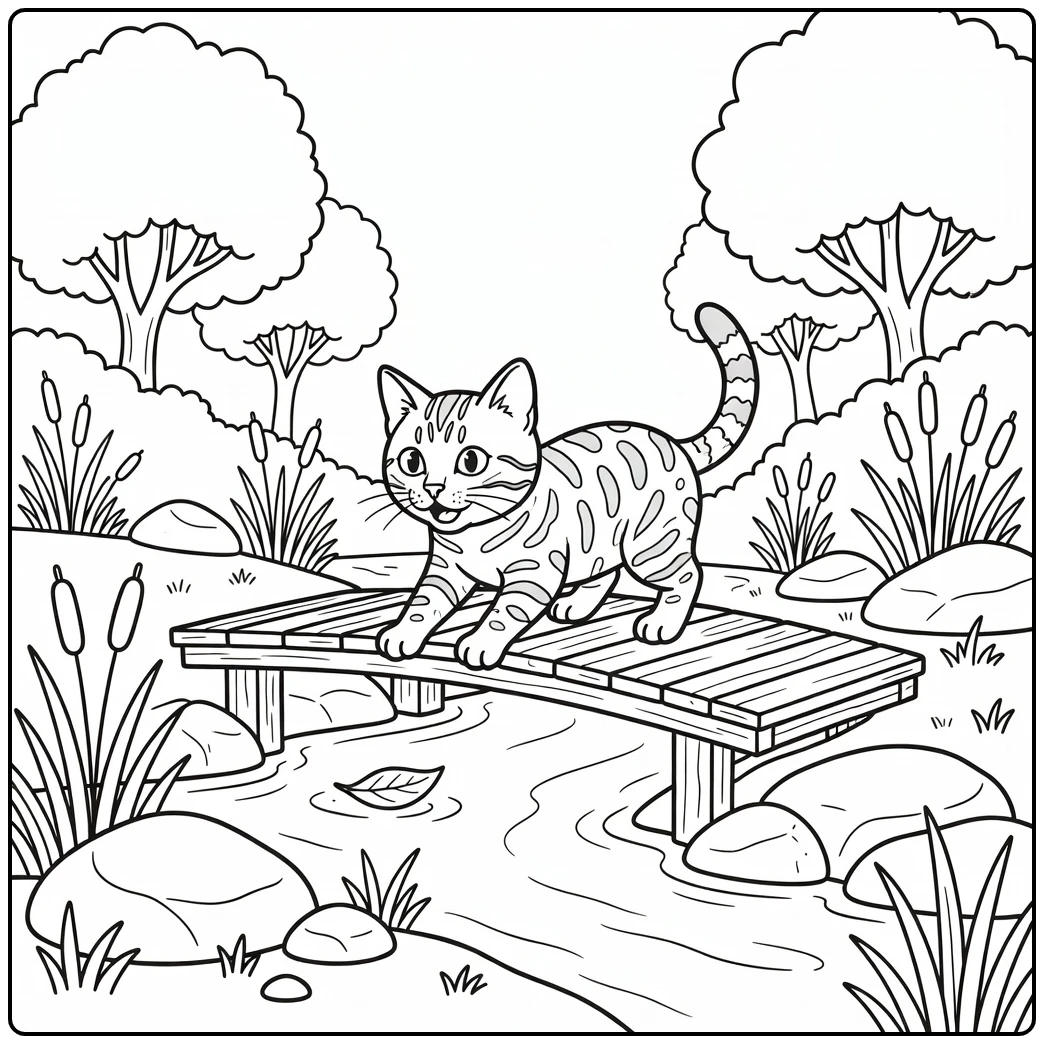 Bengal cat pawing leaf on bridge, cartoon cat coloring pages