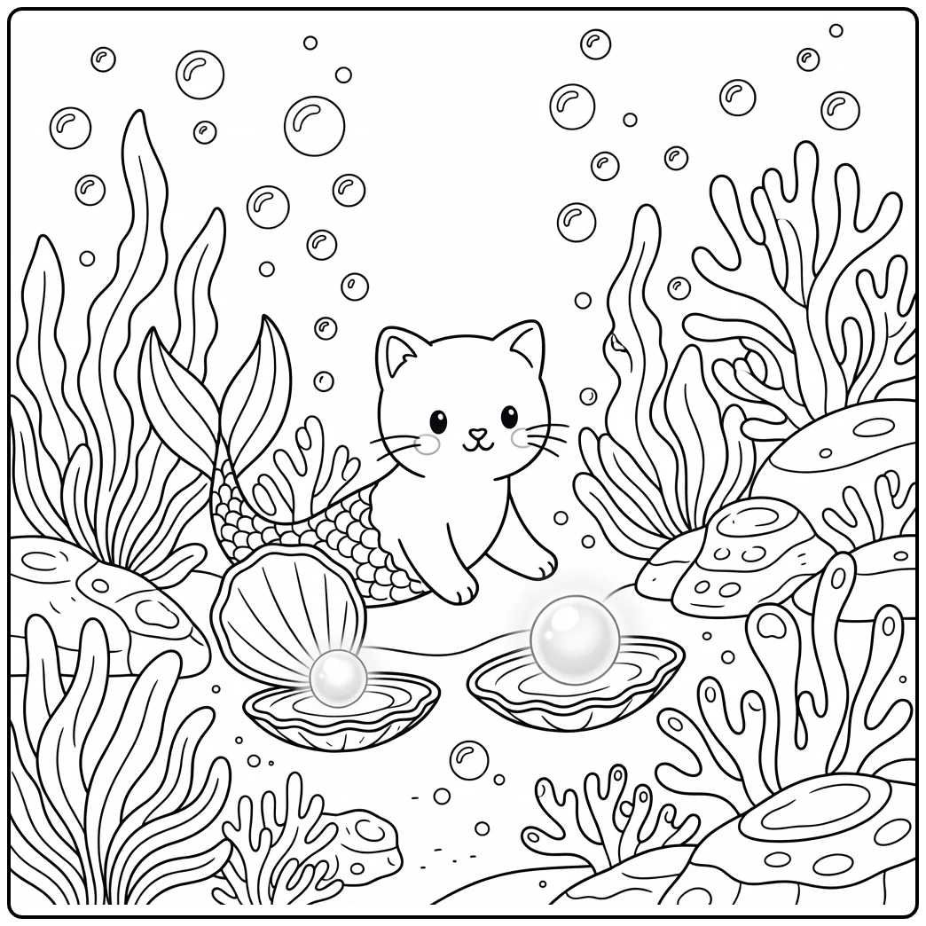 Mermaid cat coloring pages: paw reaching for oyster pearl