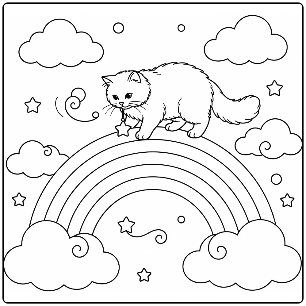 Fluffy cat on rainbow arch with star, rainbow cat coloring pages