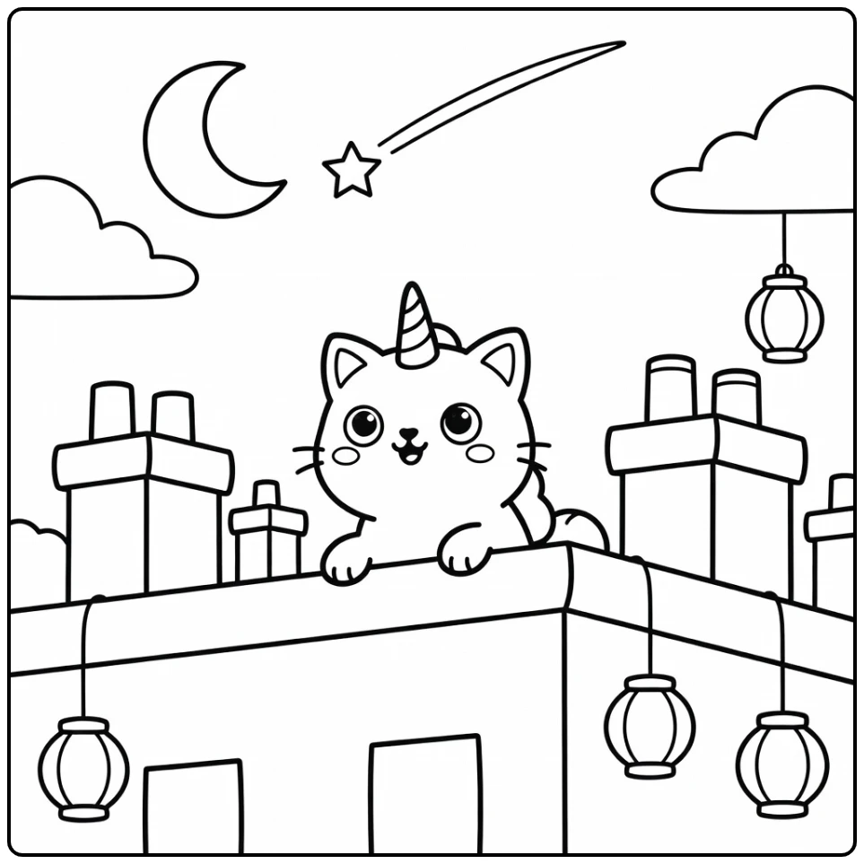 Unicorn cat peeking over rooftop at shooting star - unicorn cat coloring pages