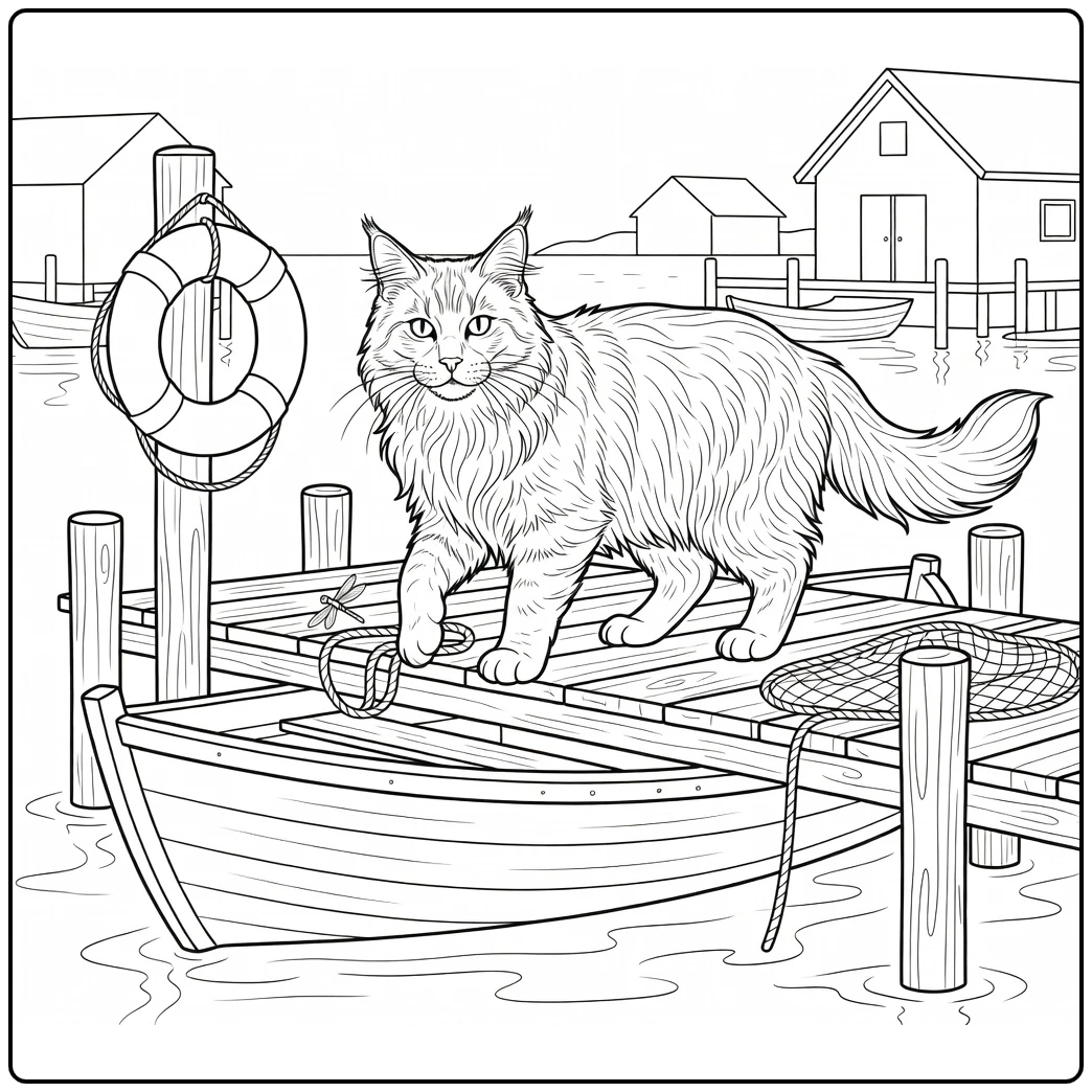 Maine Coon cat coloring pages: rowboat to dock step