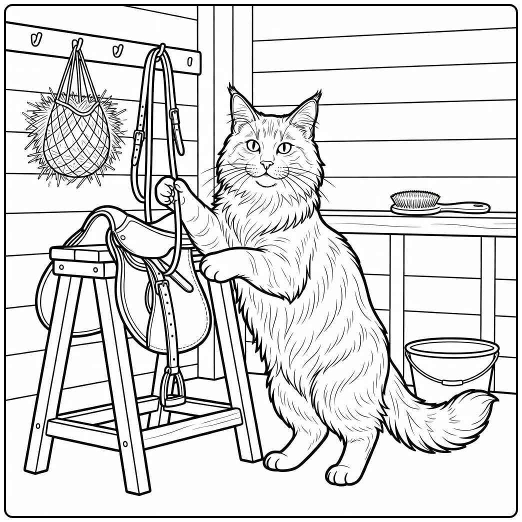 Maine Coon Cat coloring pages: cat paws bridle in tack room