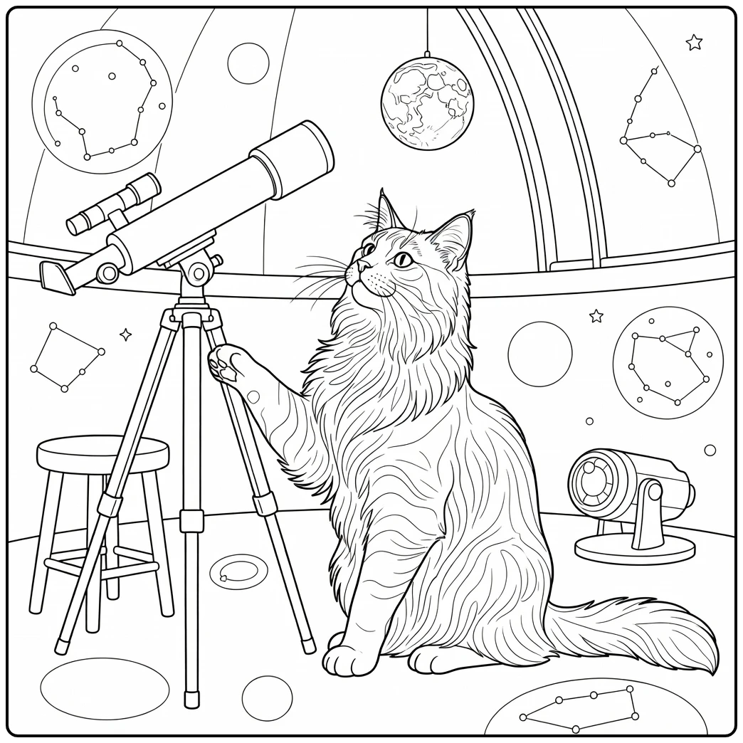 Maine Coon Cat coloring pages: proud cat at telescope