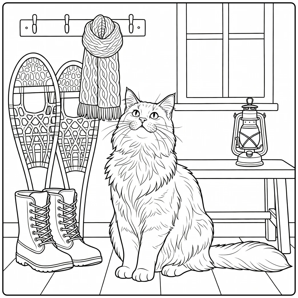 Maine Coon Cat Coloring Pages: Cozy Cabin Mudroom Scene