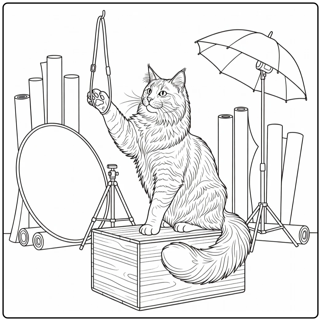 Maine Coon Cat Coloring Pages: Studio Perch Scene