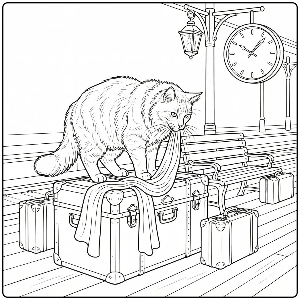 maine coon cat coloring pages - cat sniffing scarf on trunk
