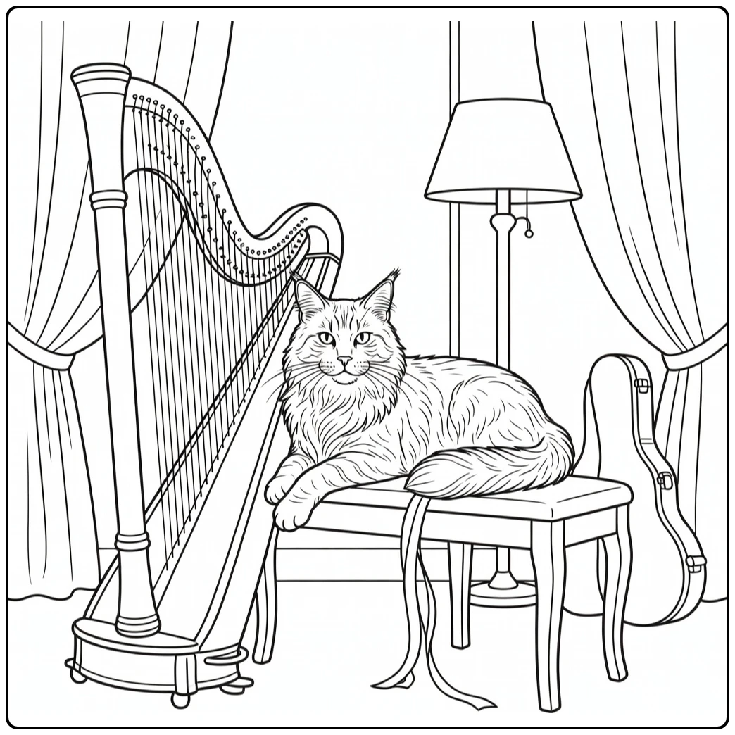 Maine Coon Cat coloring pages: lounging by harp