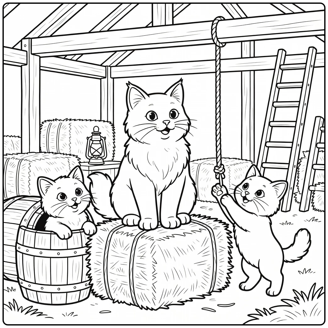 Cat family coloring pages: Maine Coon cats in barn loft