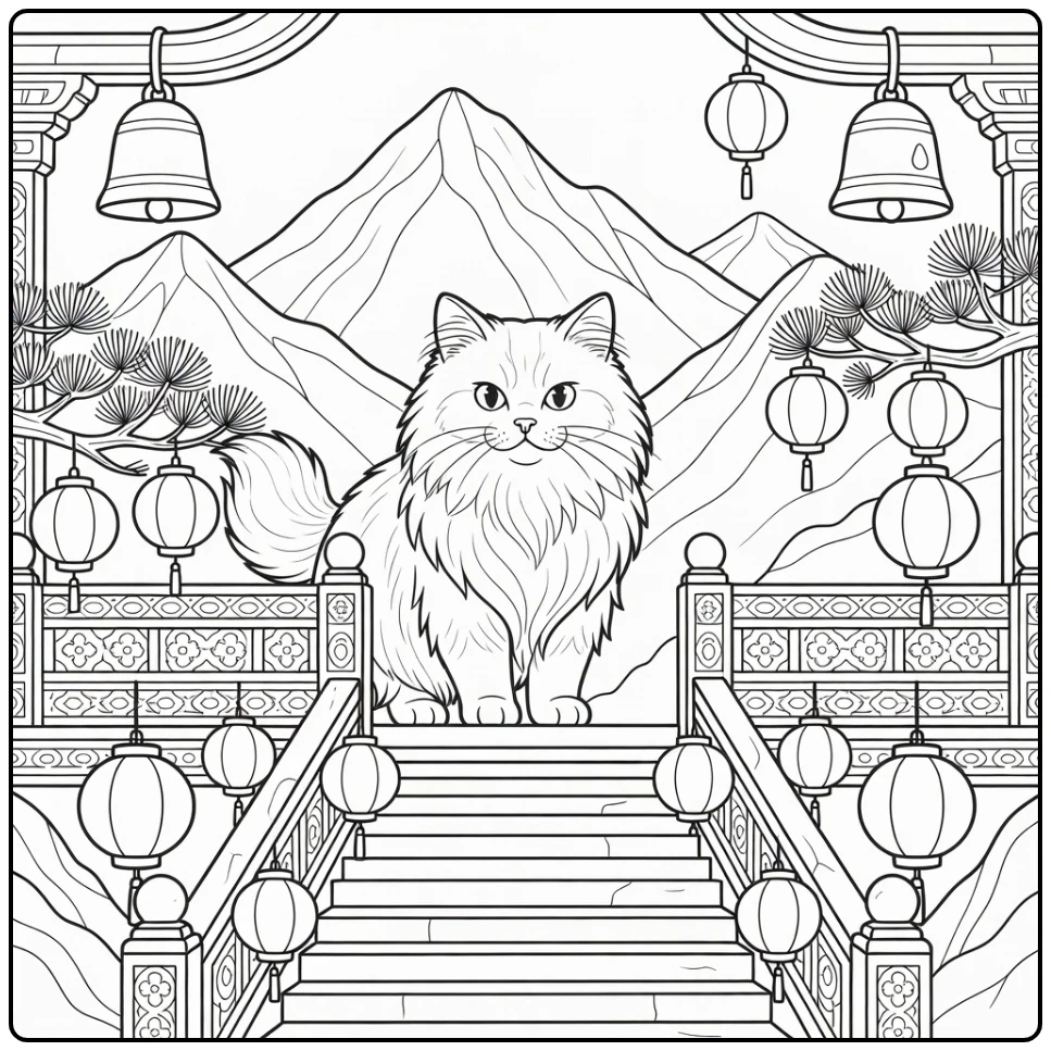 Norwegian Forest Cat on Temple Balcony Stairs - hard cat coloring pages