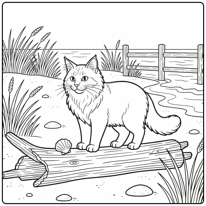 Fluffy cat coloring pages: Maine Coon on beach driftwood log