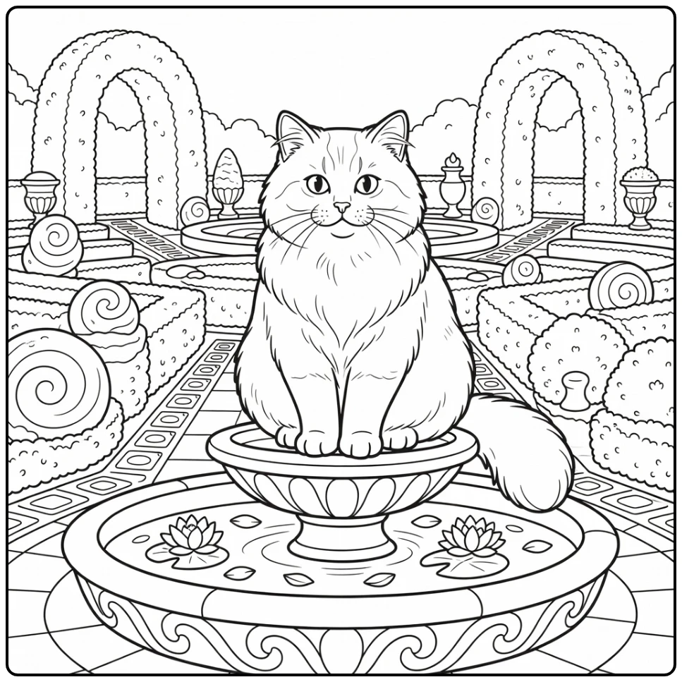 Siberian Cat on Ornate Fountain in Maze - Hard Cat Coloring Pages
