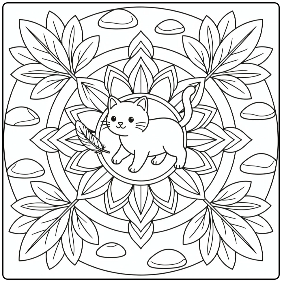 Mandala cat coloring pages for adults: cat chasing feather