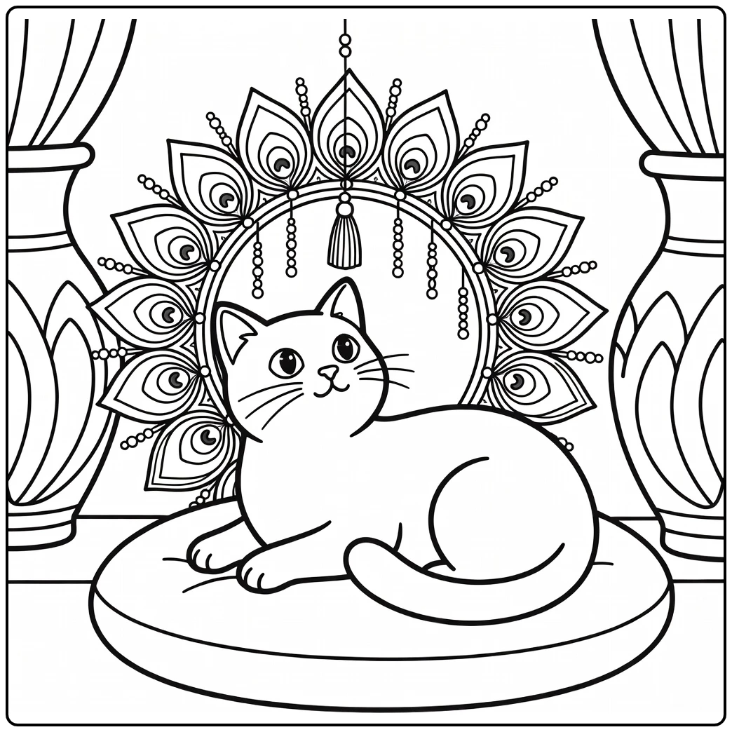 Mandala cat coloring pages for adults: calm cat peacock halo