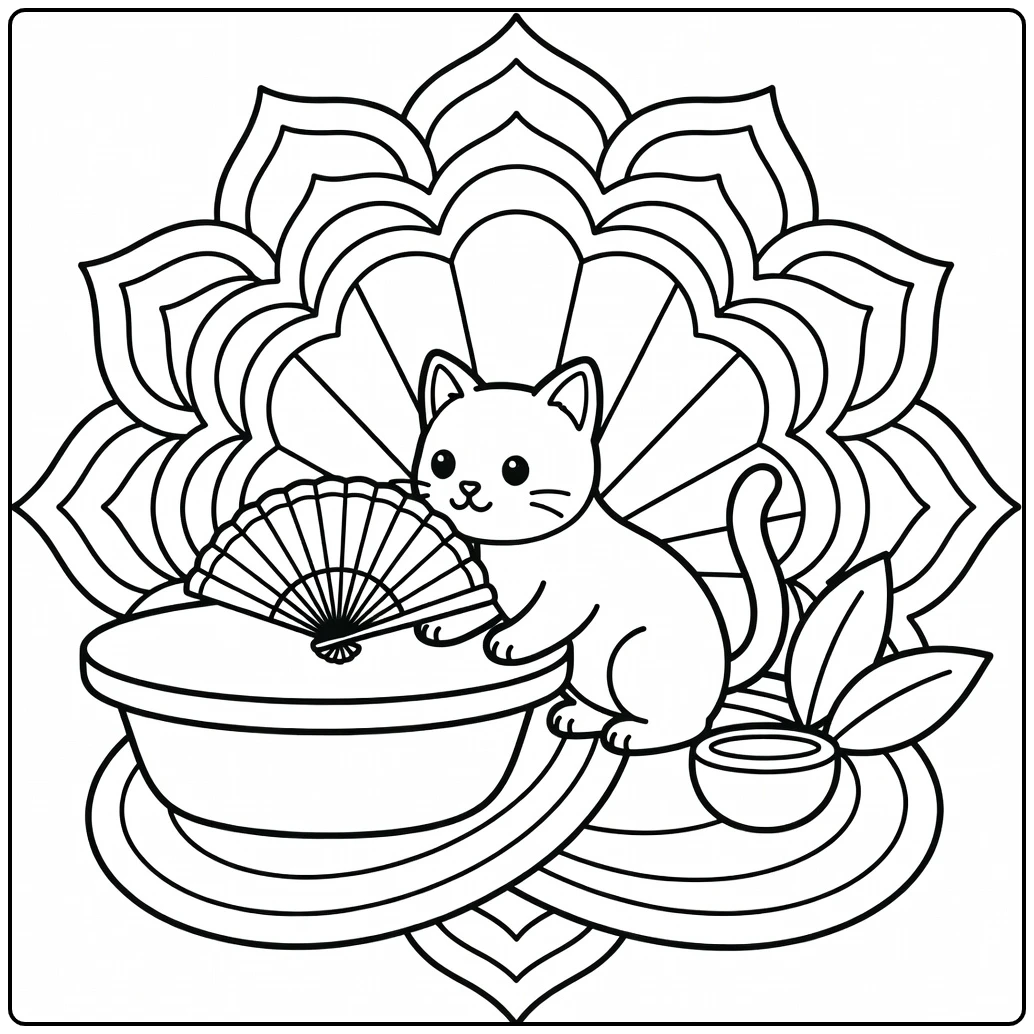 Mandala cat coloring pages for adults: cat sniffs fan
