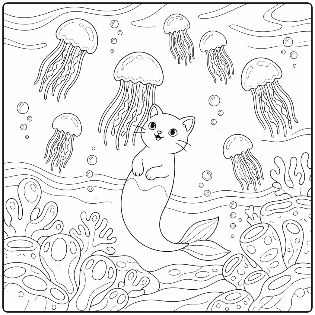 Mermaid cat coloring pages: wide-eyed wonder under jellyfish