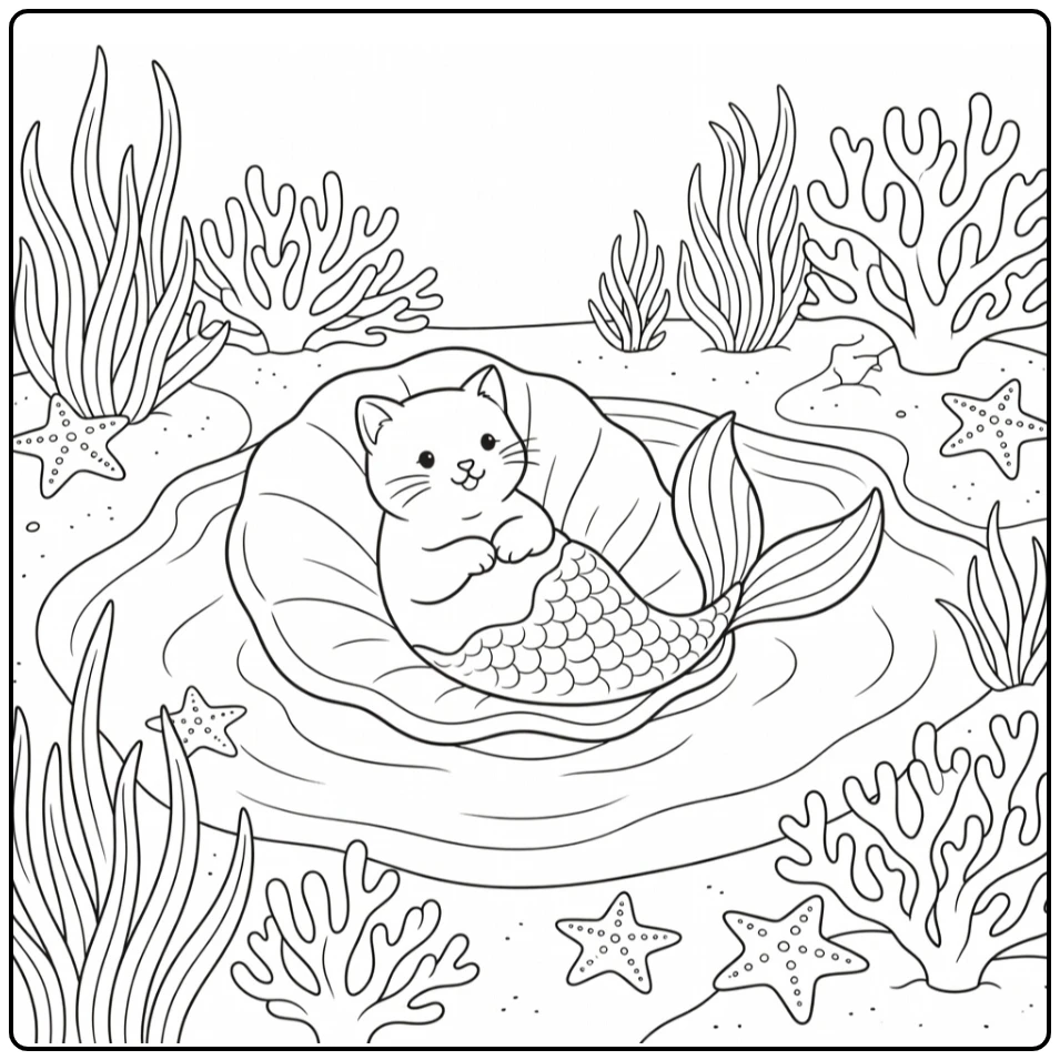 Mermaid cat coloring pages: lounging in coral lagoon