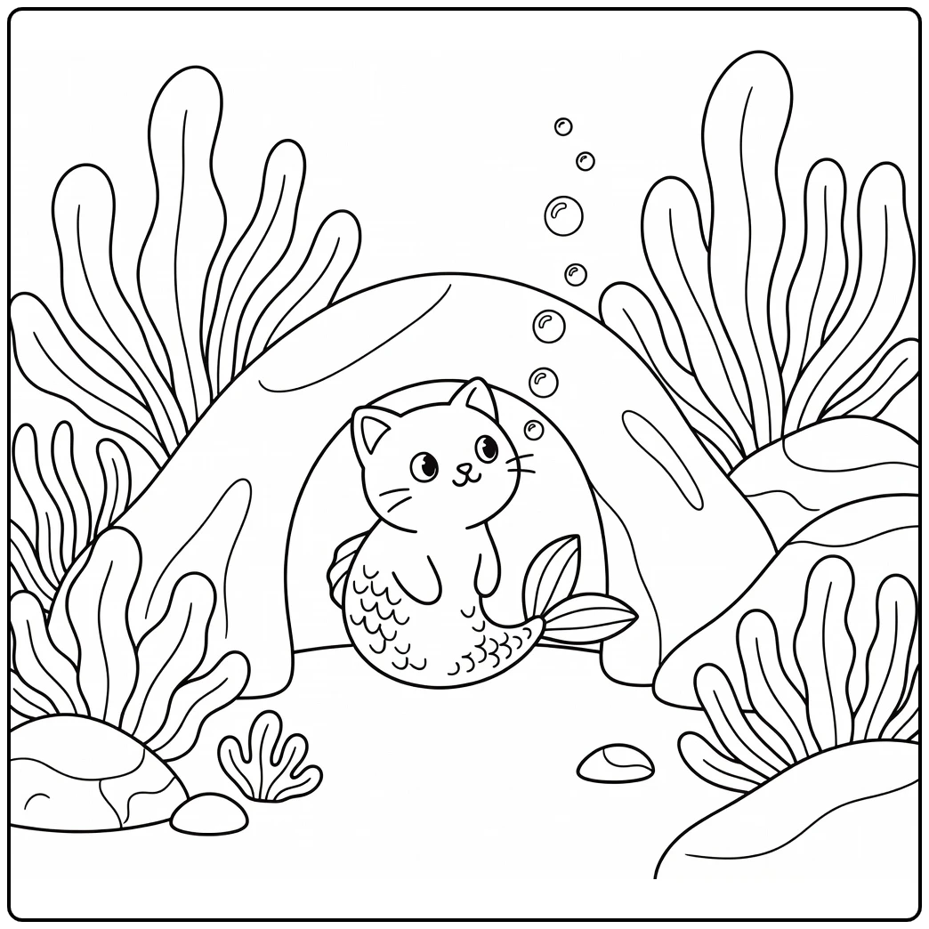 Mermaid cat coloring pages: curious peek from coral cave