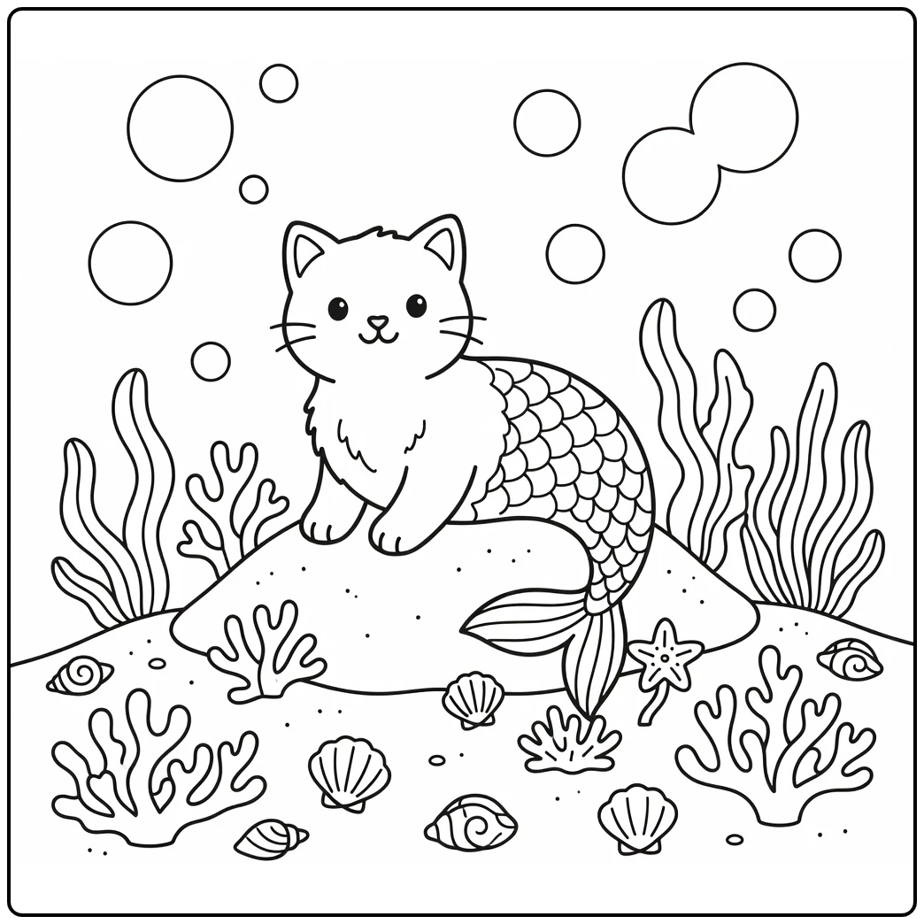 Mermaid cat coloring pages: nosing star sea plant on sand mound