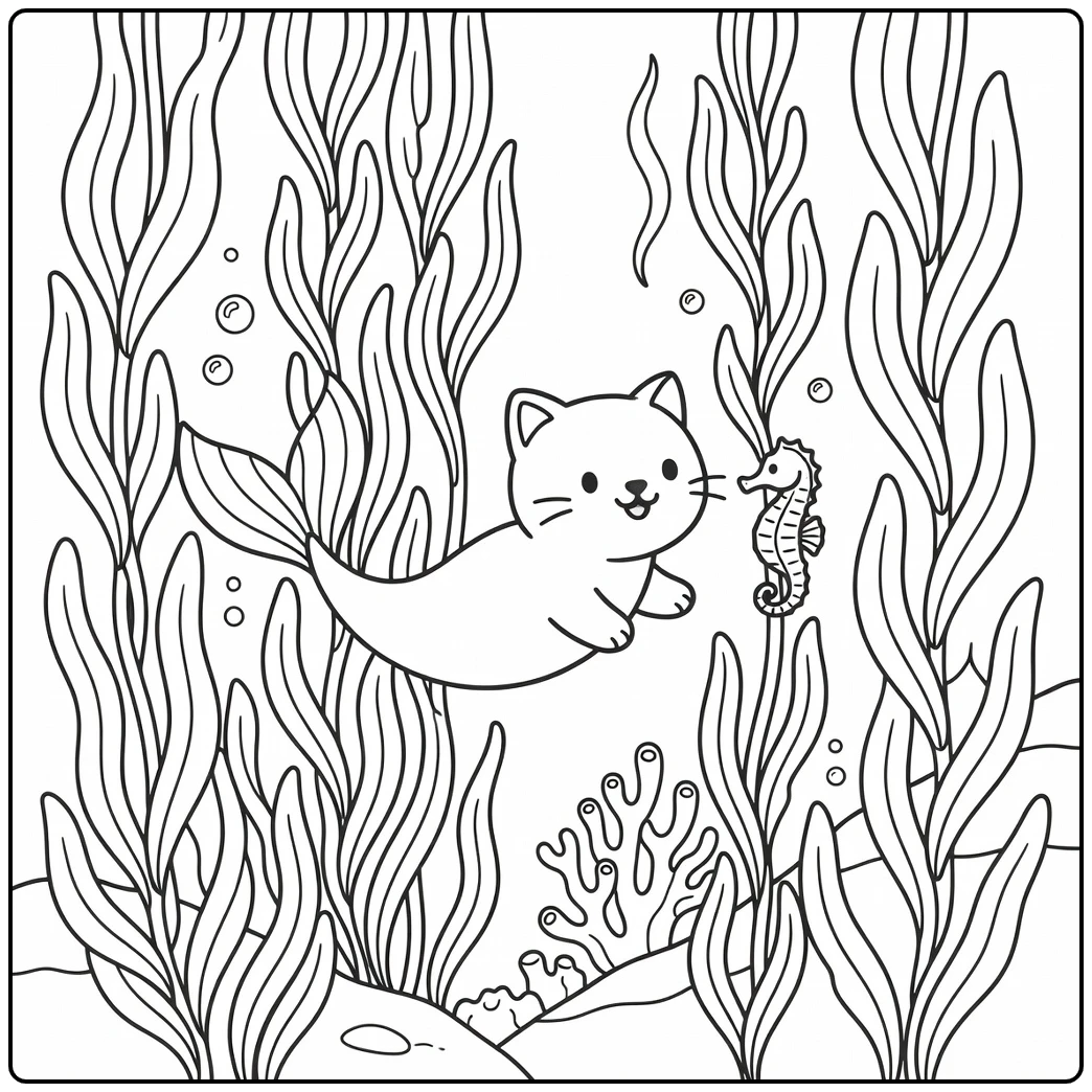Mermaid cat coloring pages: chasing seahorse in kelp forest