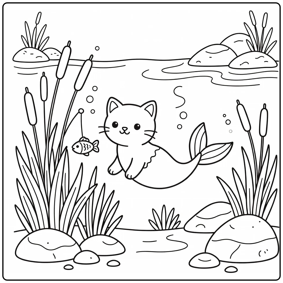 Mermaid cat coloring pages: kitty eyes fish toy in reeds