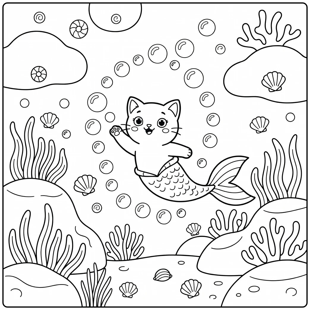 Mermaid cat coloring pages: playful feline taps bubble in ocean