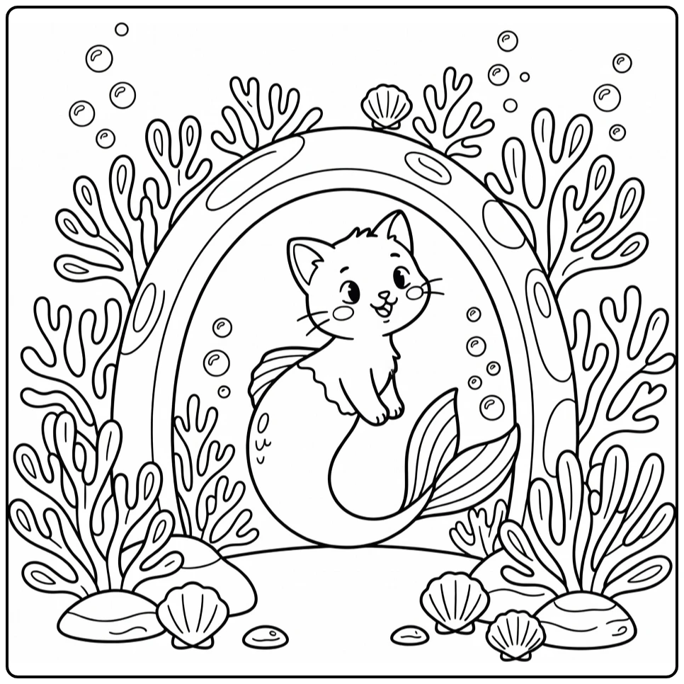 Mermaid cat coloring pages: ducking under coral arch, mischievous smile