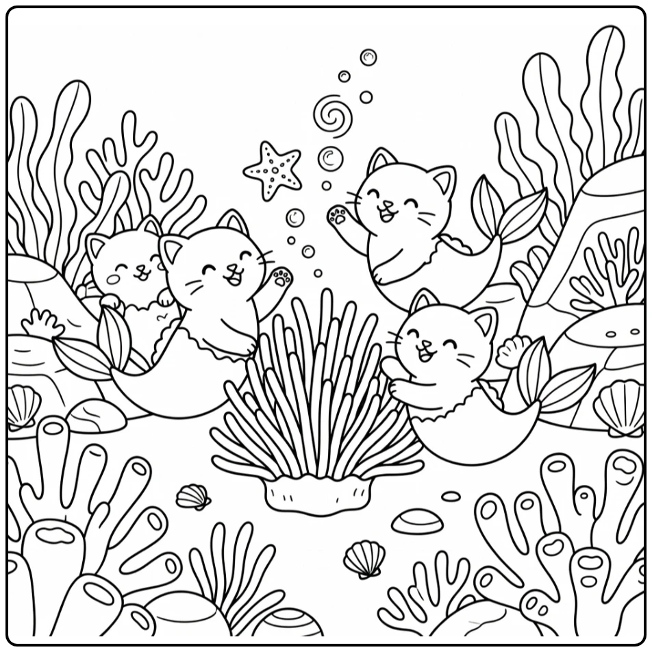 Mermaid cats coloring pages: playful trio in underwater garden