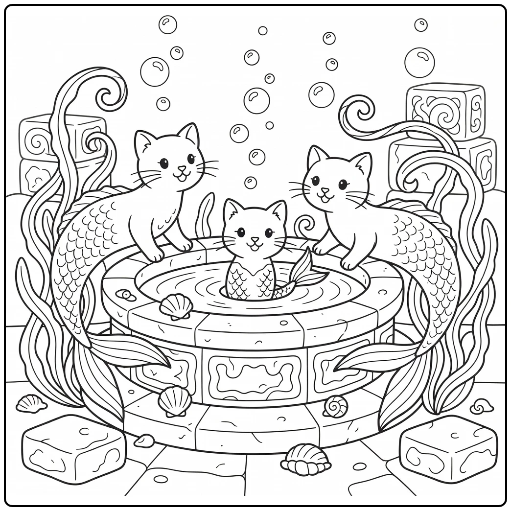 Mermaid cats coloring pages: sunken fountain adventure