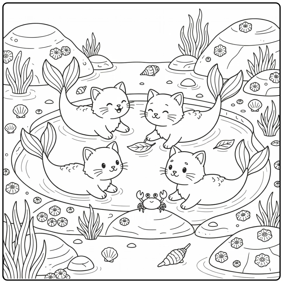 Mermaid cats coloring pages: tide pool play with crabs