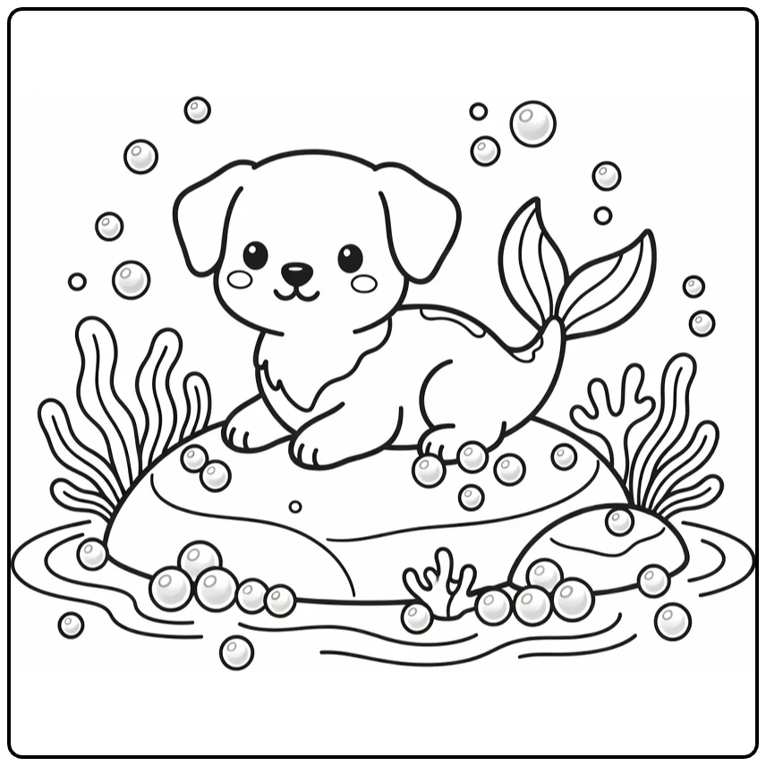 Mermaid Puppy Coloring Page: cute pup on rock with waves