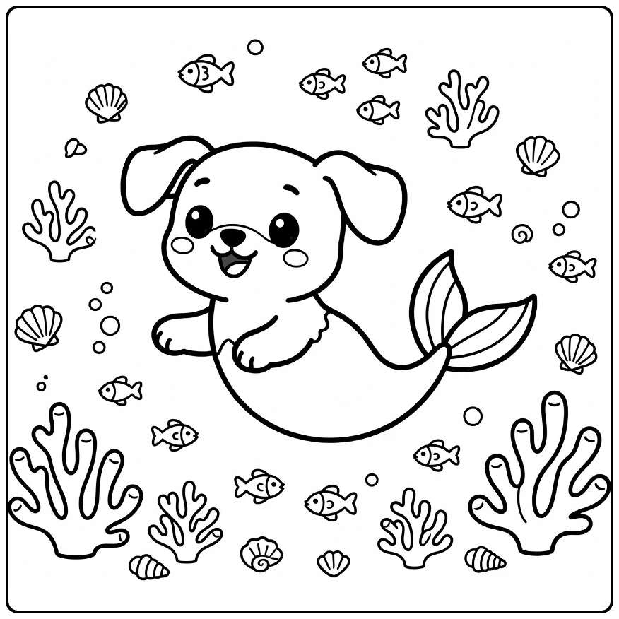 Mermaid Puppy Coloring Page: happy pup with coral, shells, fish