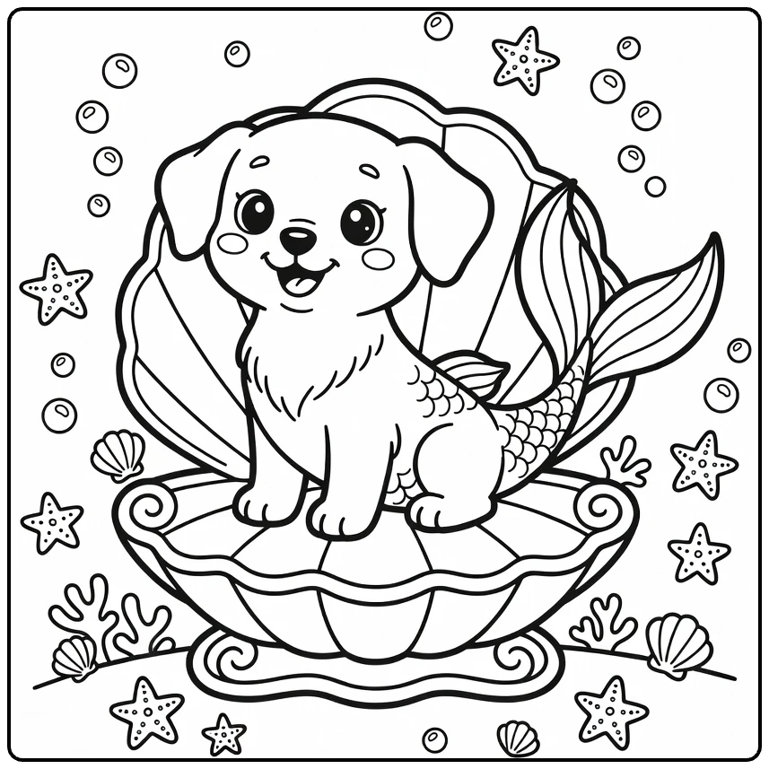 Mermaid Puppy Coloring Page: Puppy on Seashell Throne