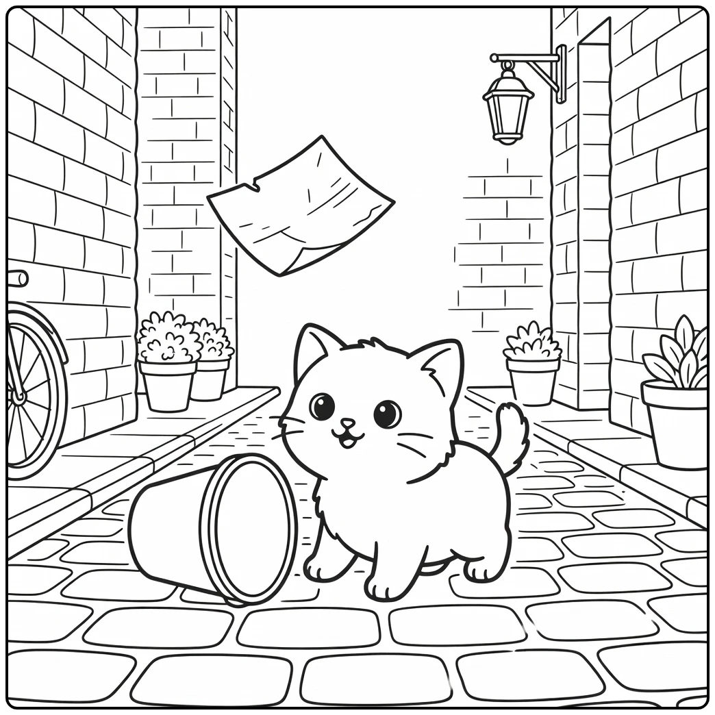 little cat coloring pages: Munchkin kitten in alley with bucket
