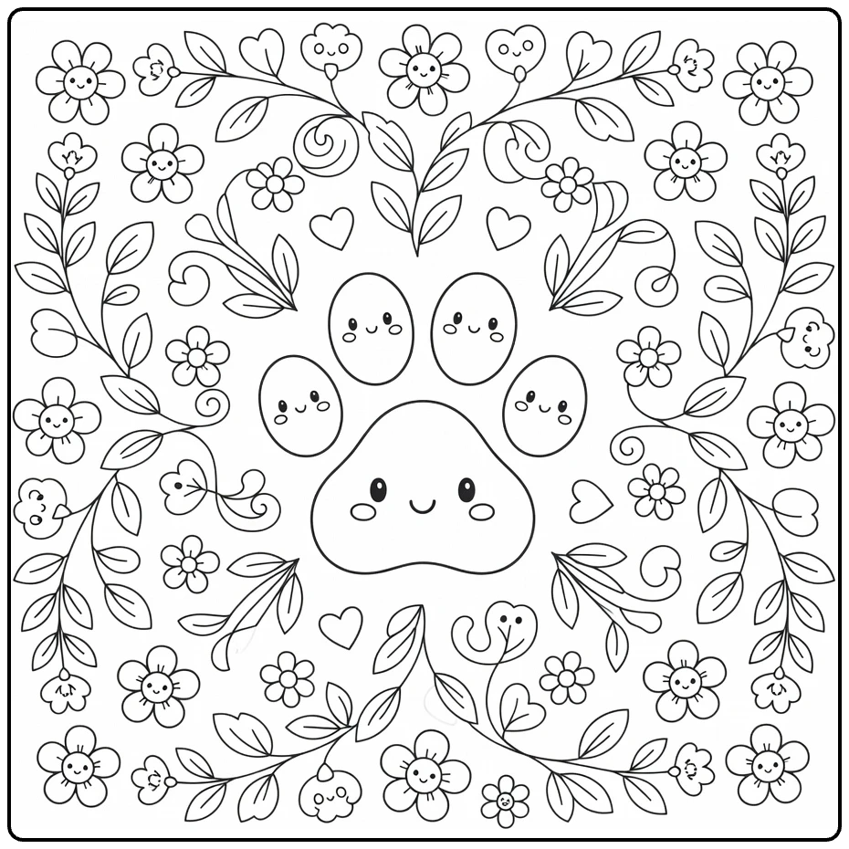 Dog paw coloring page: central paw print with leaves, vines, flowers