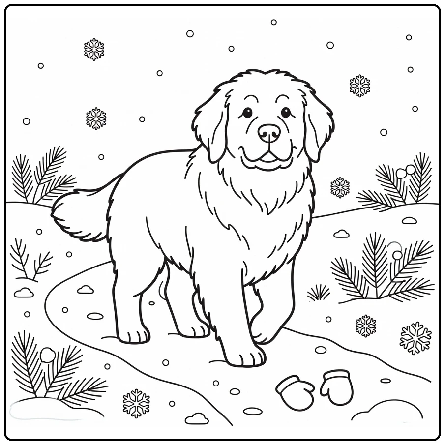 Newfoundland coloring page: strong dog on snowy path with snowflakes, mittens