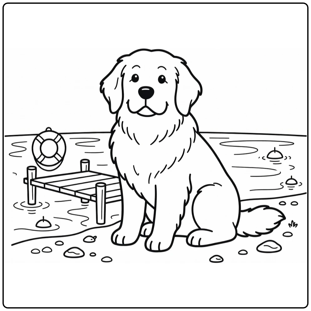 Newfoundland coloring page: gentle dog by dock, life ring, lake